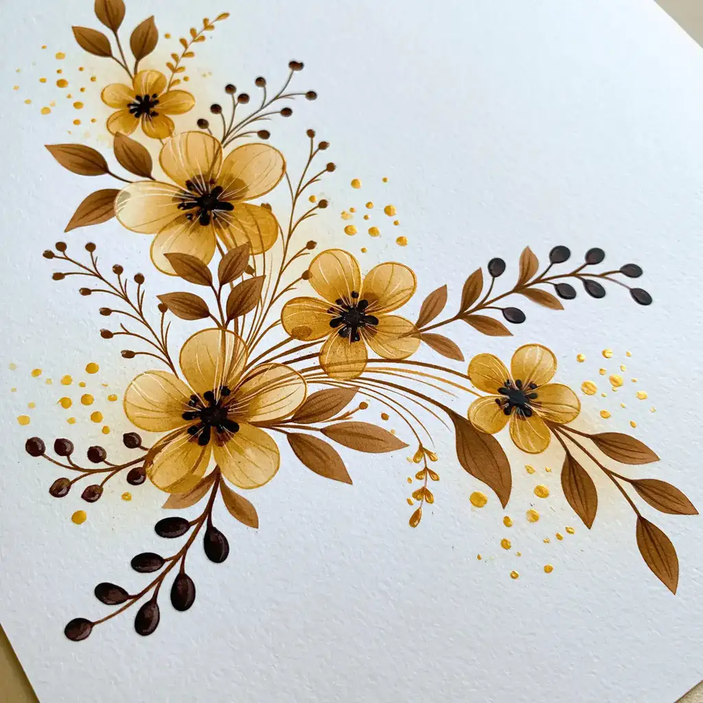 Yellow floral arrangements with brown leaves and splatters