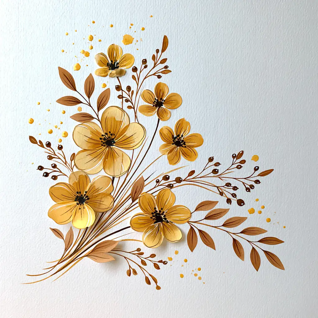 Yellow floral arrangements with brown leaves and splatters