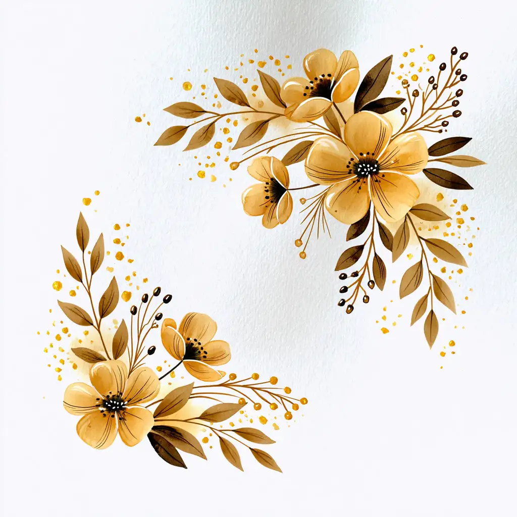 Yellow floral arrangements with brown leaves and splatters