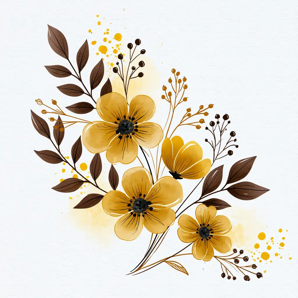 Yellow floral arrangements with brown leaves and splatters