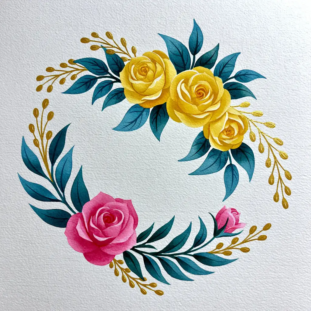 Floral wreath illustration with yellow and pink roses