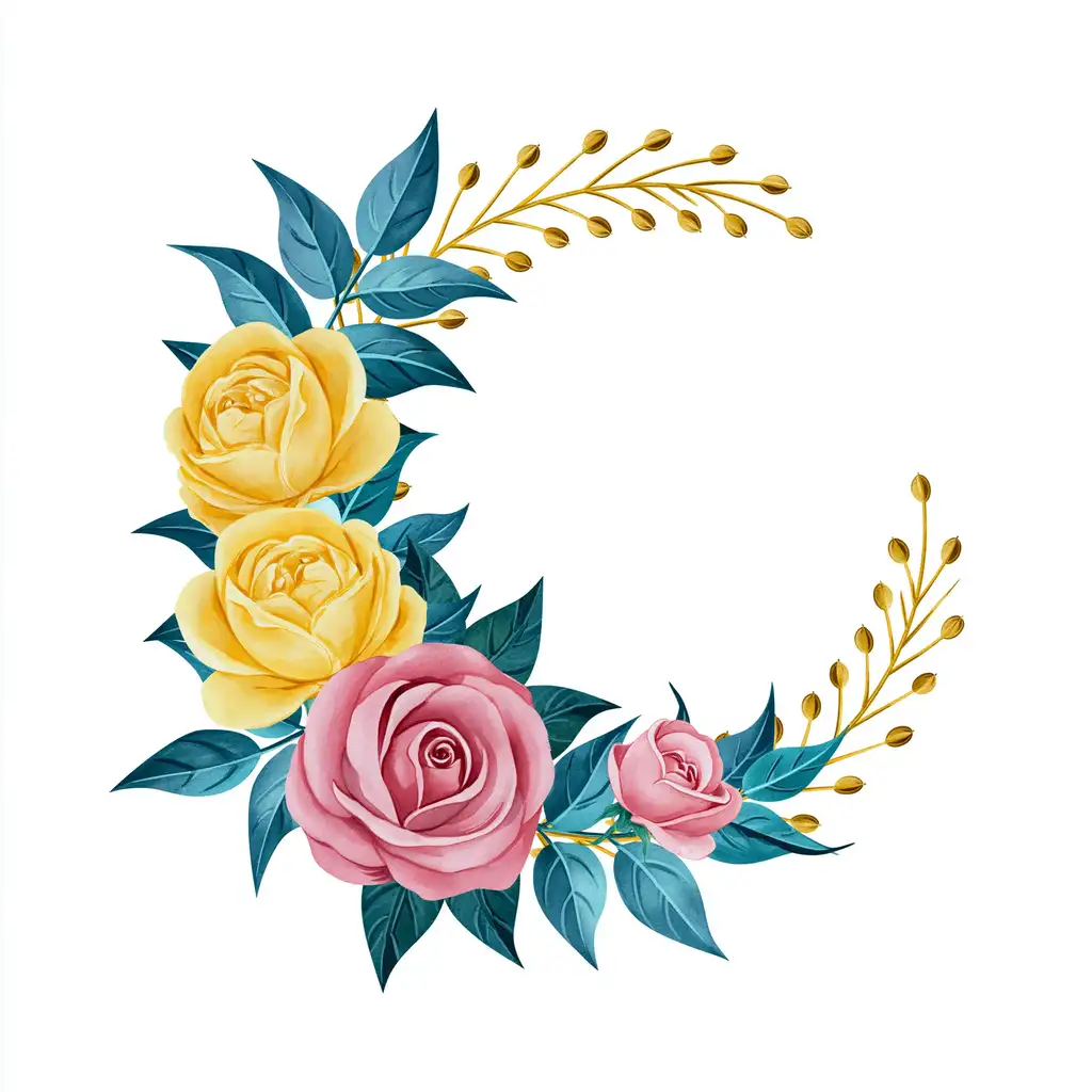 Floral wreath illustration with yellow and pink roses