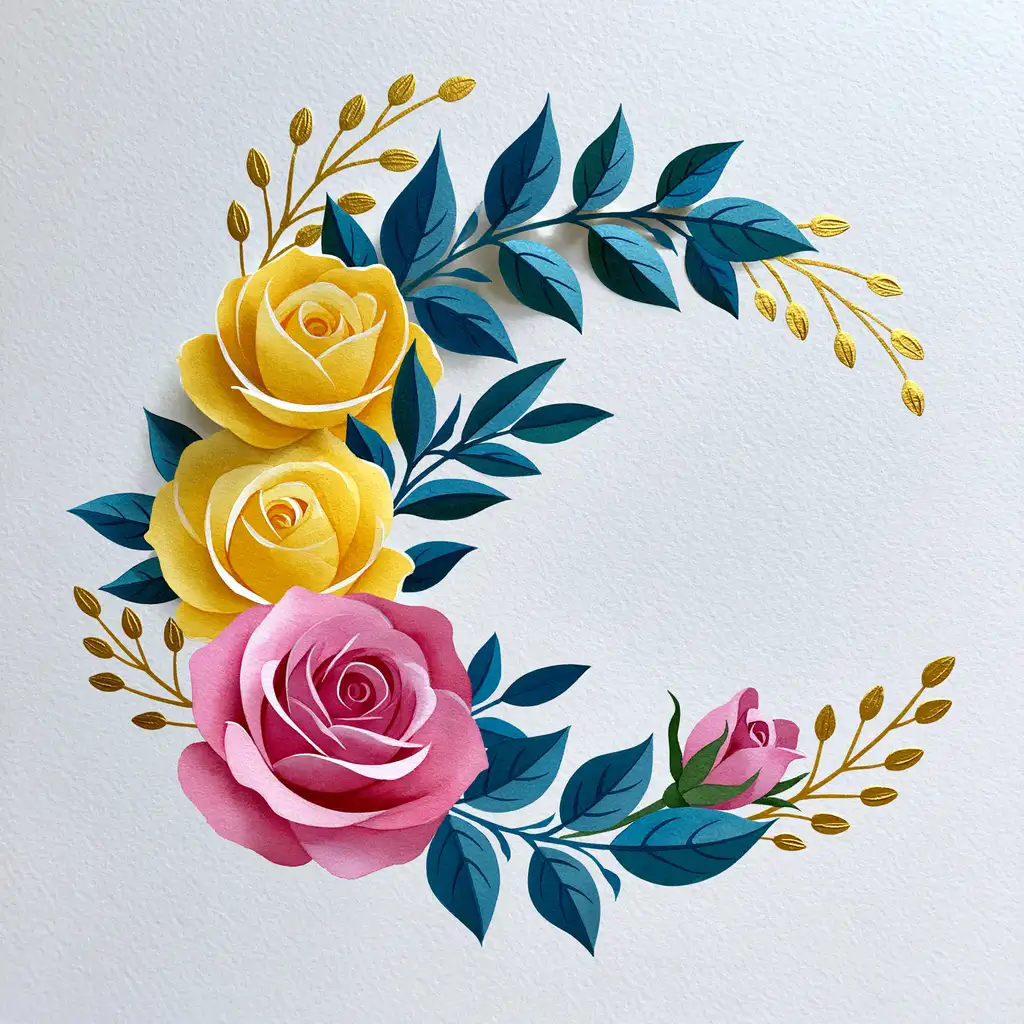 Floral wreath illustration with yellow and pink roses