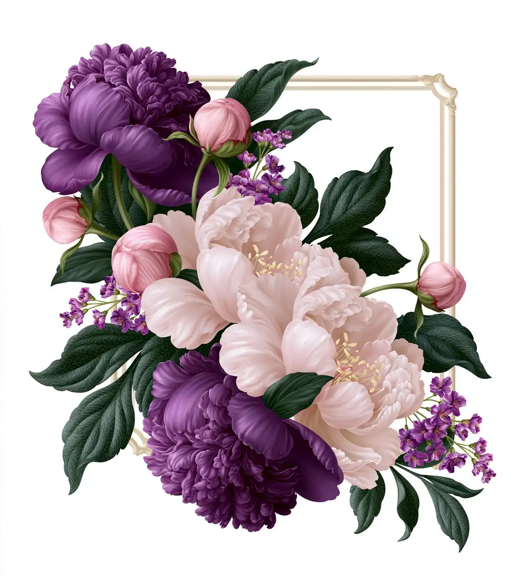 Floral composition with pink and purple peonies and leaves