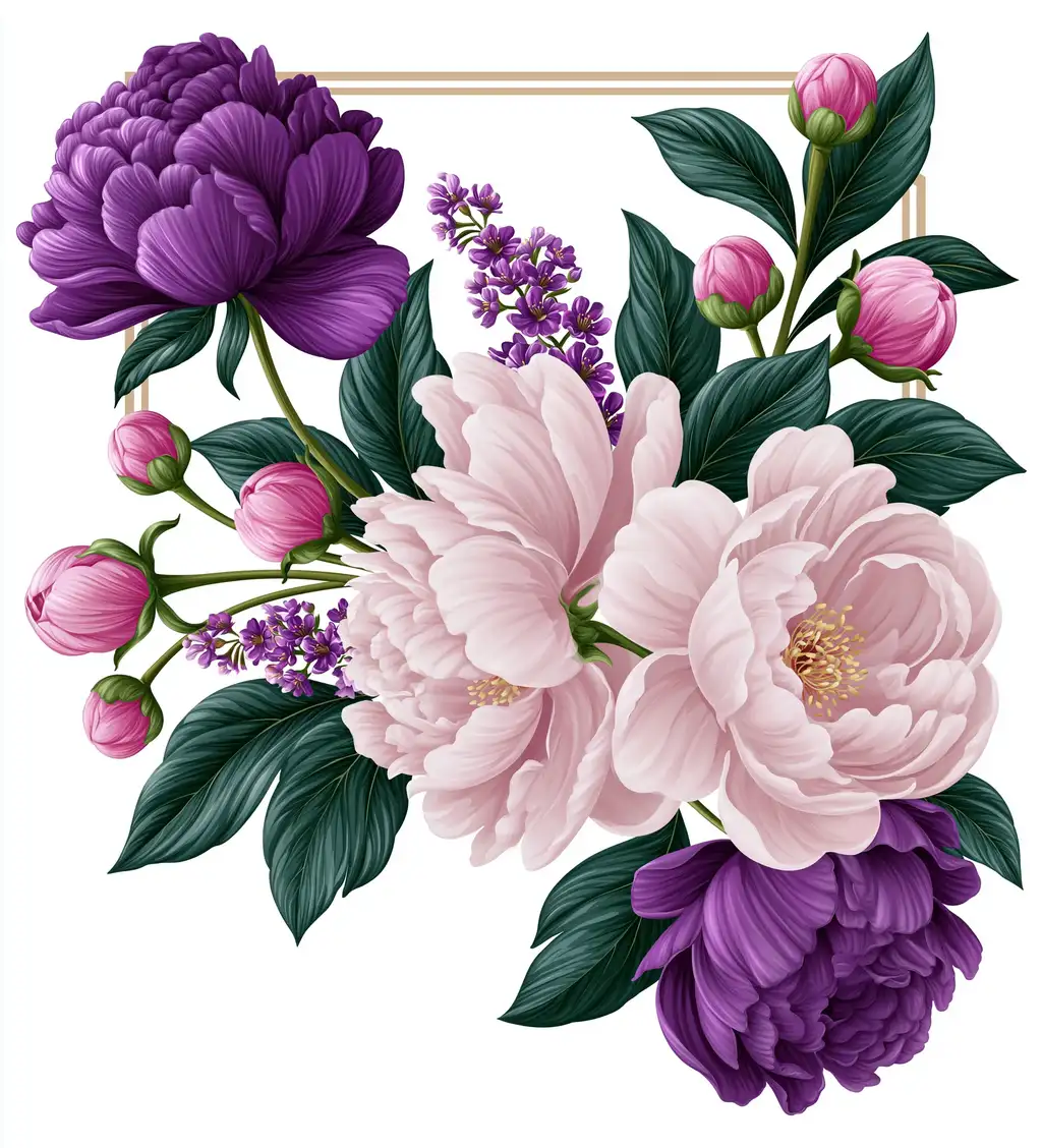 Floral composition with pink and purple peonies and leaves