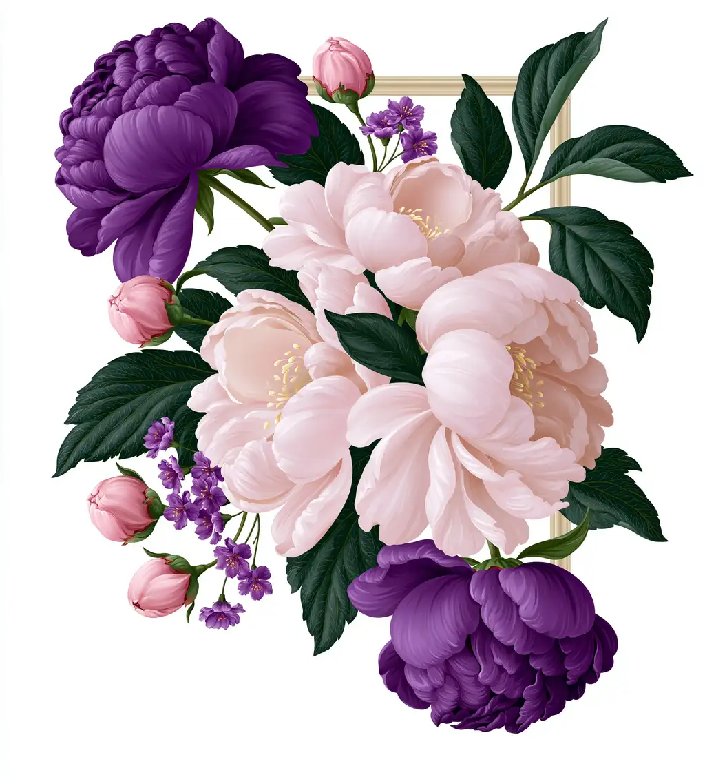 Floral composition with pink and purple peonies and leaves