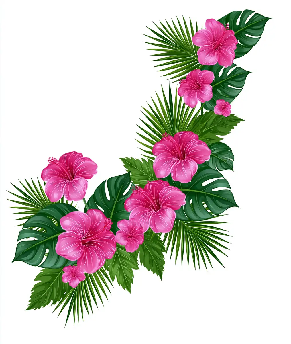 Pink hibiscus flowers and tropical leaves arrangement