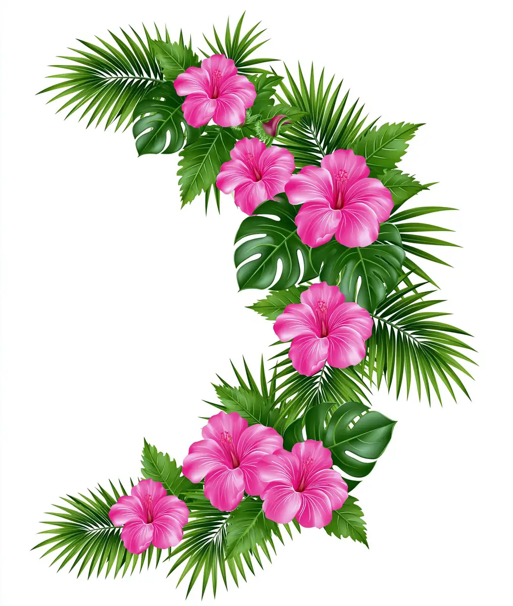 Pink hibiscus flowers and tropical leaves arrangement