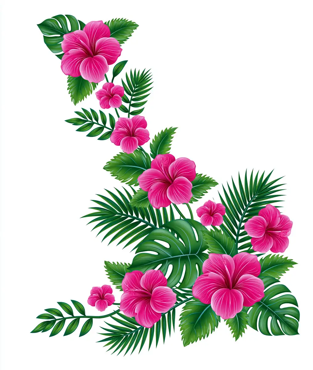 Pink hibiscus flowers and tropical leaves arrangement