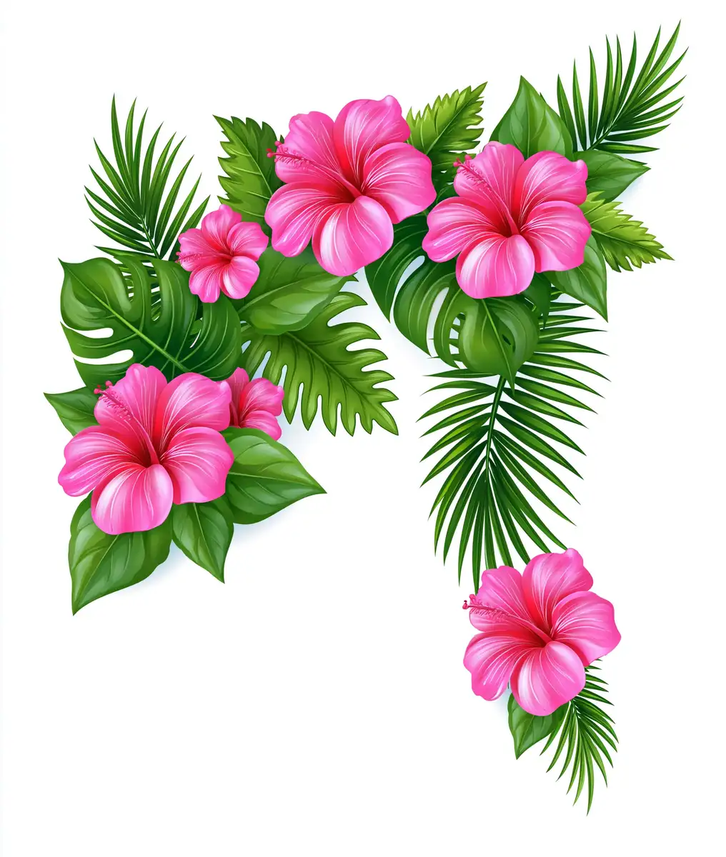 Pink hibiscus flowers and tropical leaves arrangement