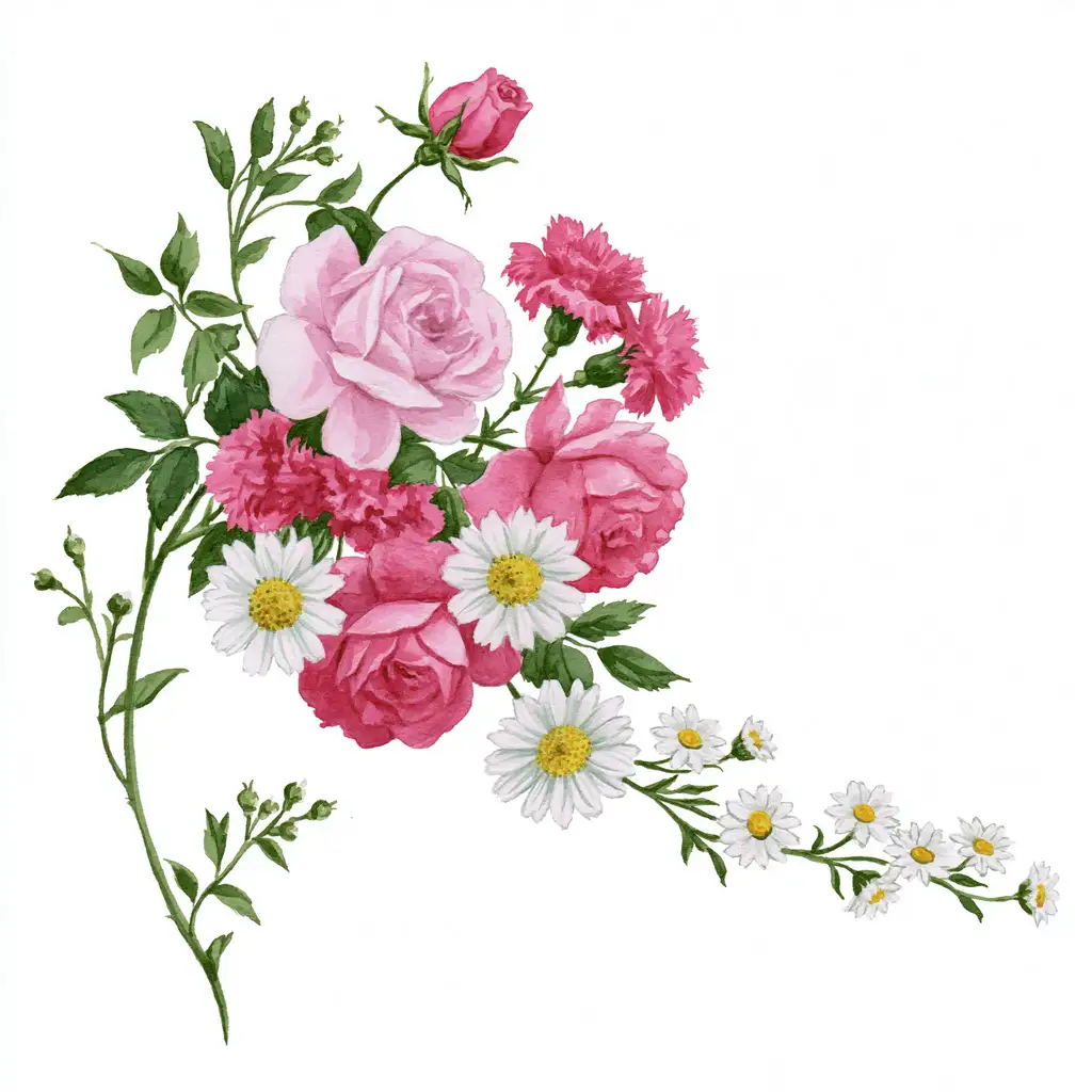 Watercolor floral bouquet with pink roses and white daisies