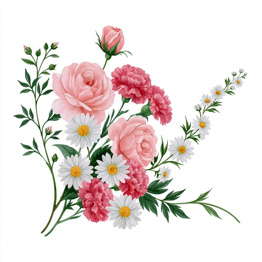 Watercolor floral bouquet with pink roses and white daisies