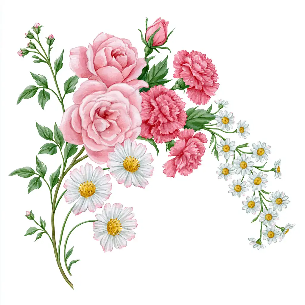 Watercolor floral bouquet with pink roses and white daisies