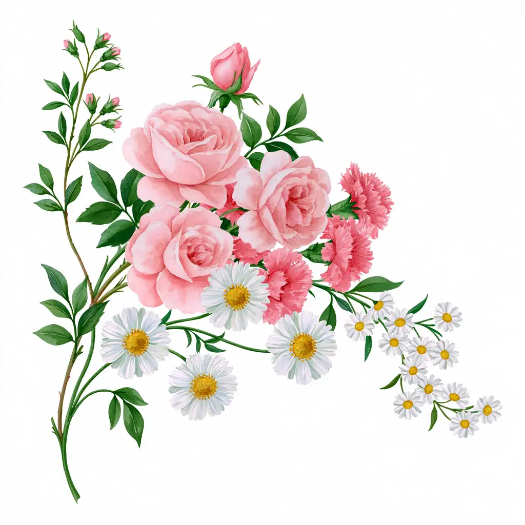 Watercolor floral bouquet with pink roses and white daisies