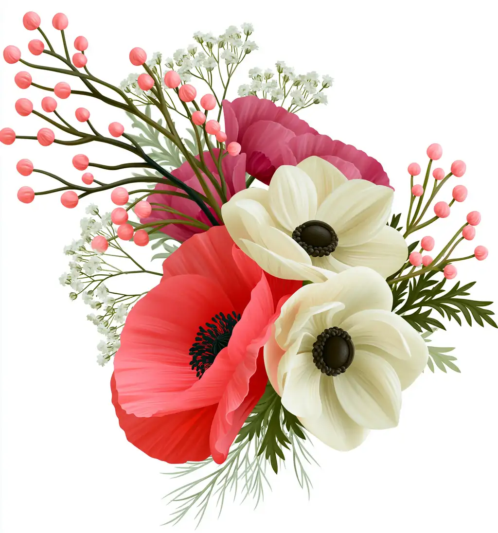 Floral composition with red and white anemone flowers and pink berries