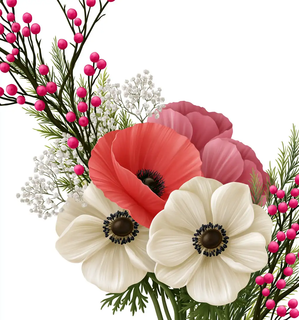 Floral composition with red and white anemone flowers and pink berries