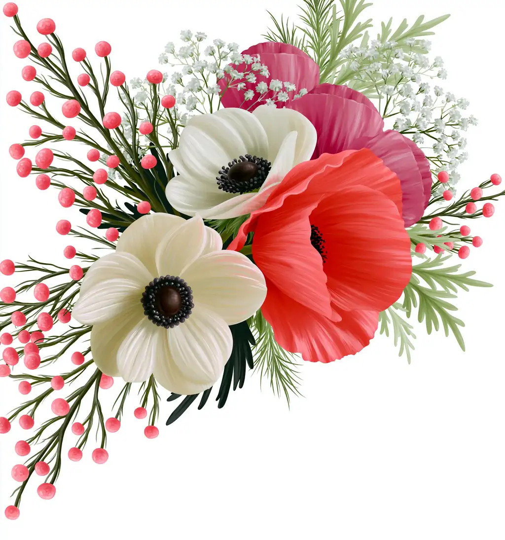 Floral composition with red and white anemone flowers and pink berries