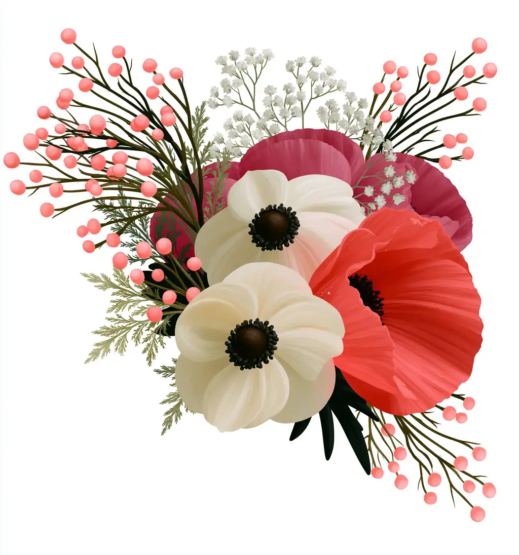 Floral composition with red and white anemone flowers and pink berries