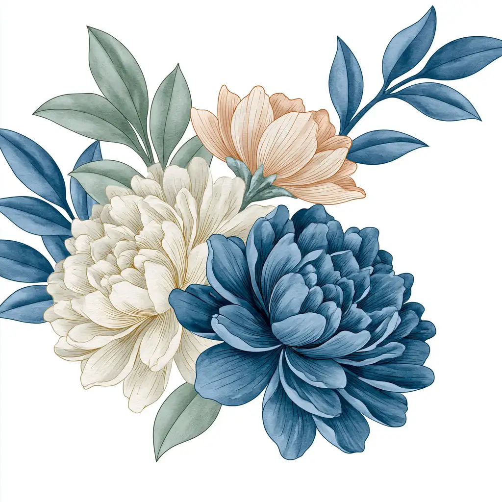 Watercolor floral arrangements with blue and cream peonies