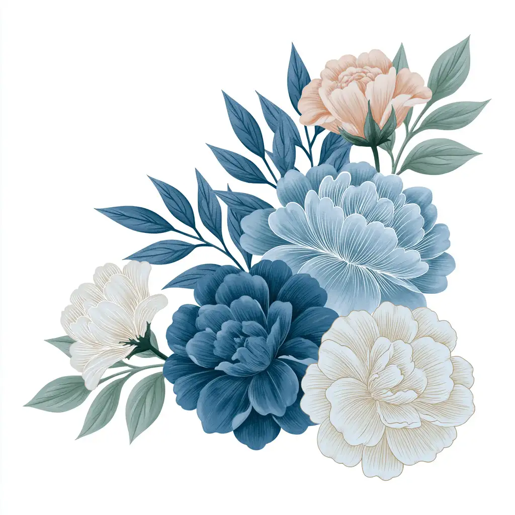 Watercolor floral arrangements with blue and cream peonies