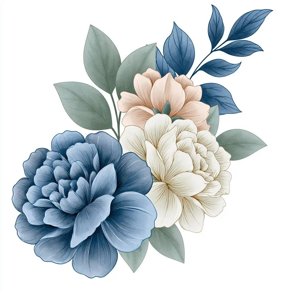 Watercolor floral arrangements with blue and cream peonies
