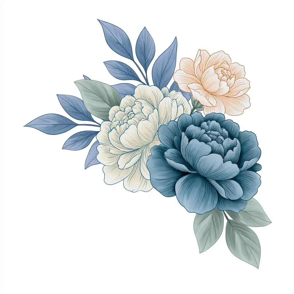 Watercolor floral arrangements with blue and cream peonies