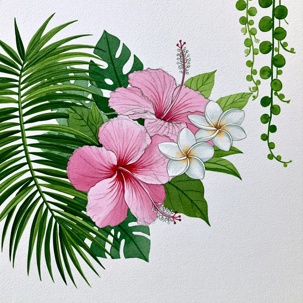 Watercolor tropical floral arrangement with pink hibiscus and green leaves