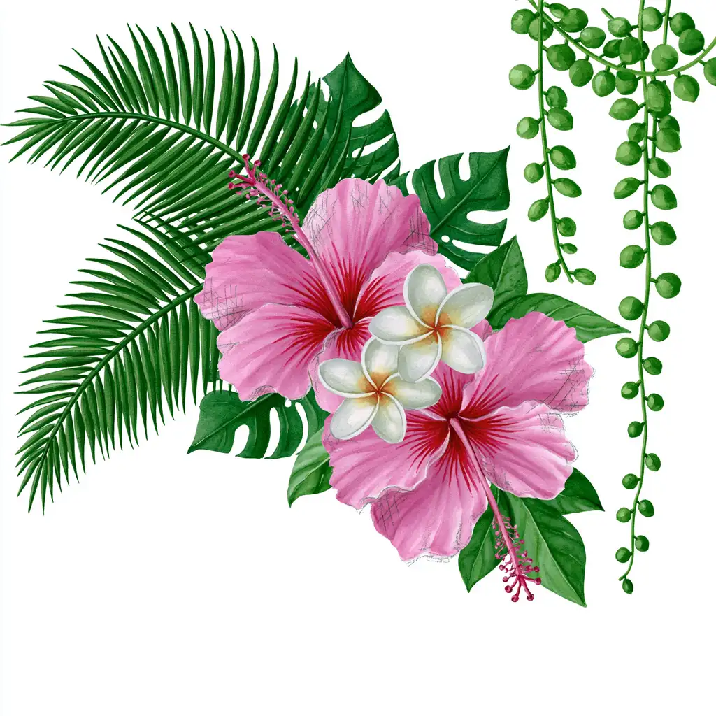 Watercolor tropical floral arrangement with pink hibiscus and green leaves
