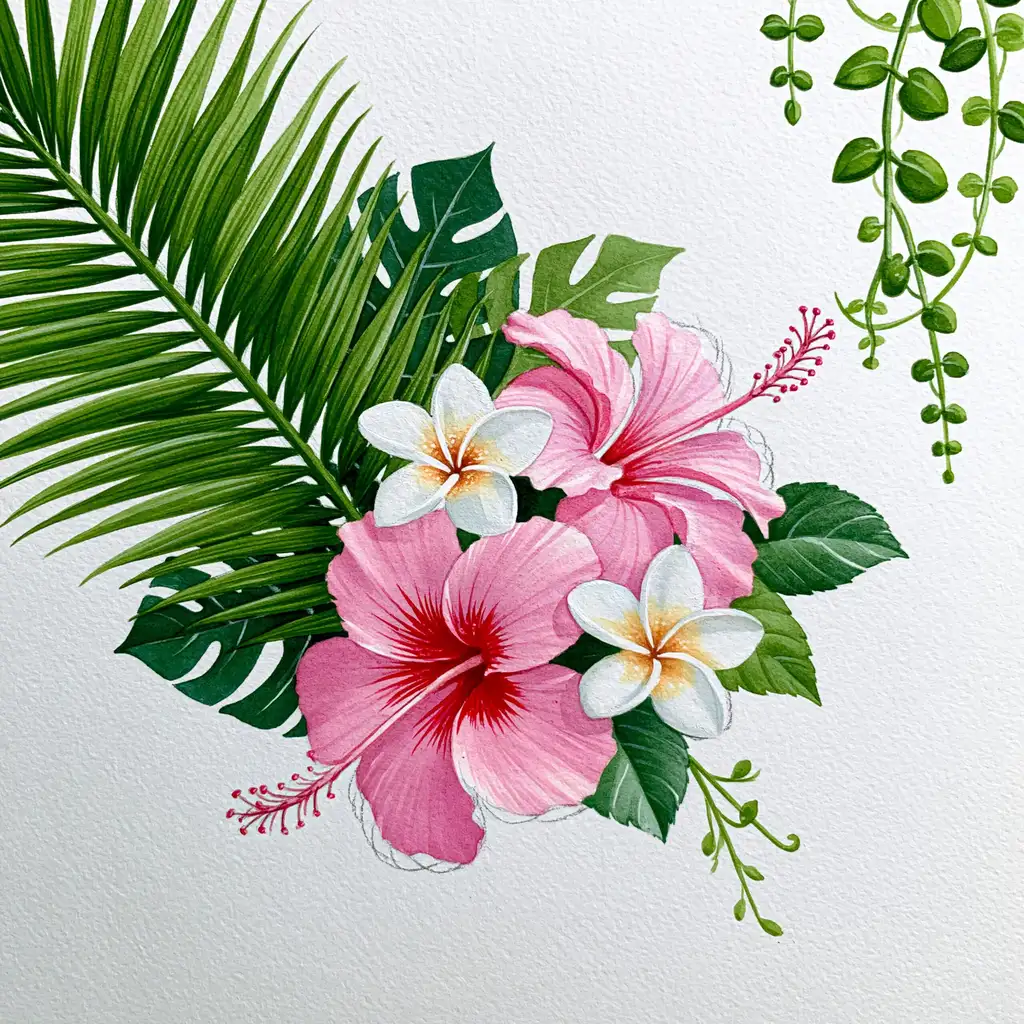 Watercolor tropical floral arrangement with pink hibiscus and green leaves
