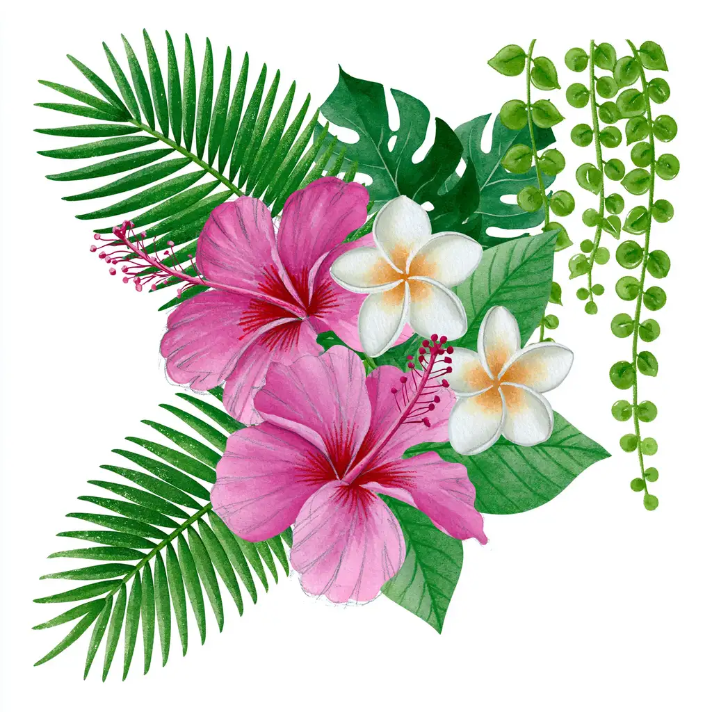 Watercolor tropical floral arrangement with pink hibiscus and green leaves