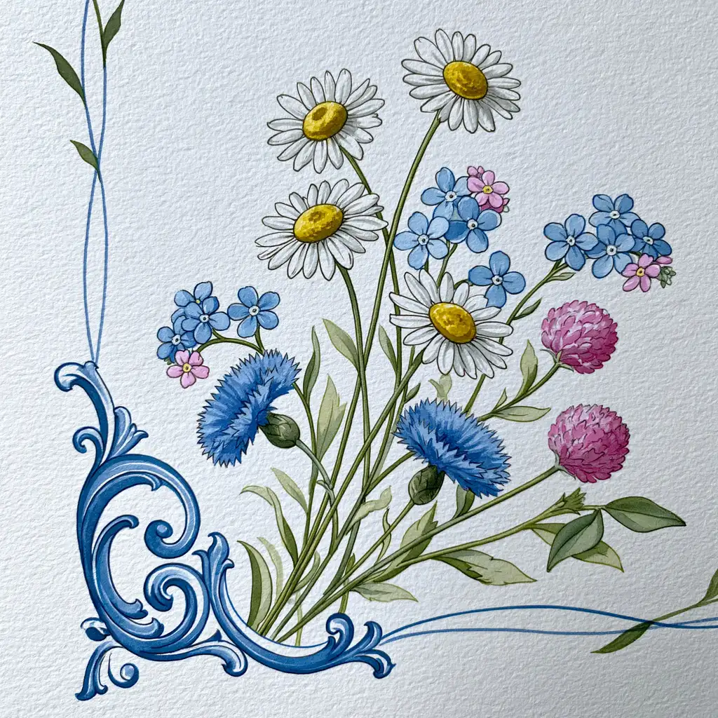 Watercolor illustration of wildflowers and ornate blue corner frame
