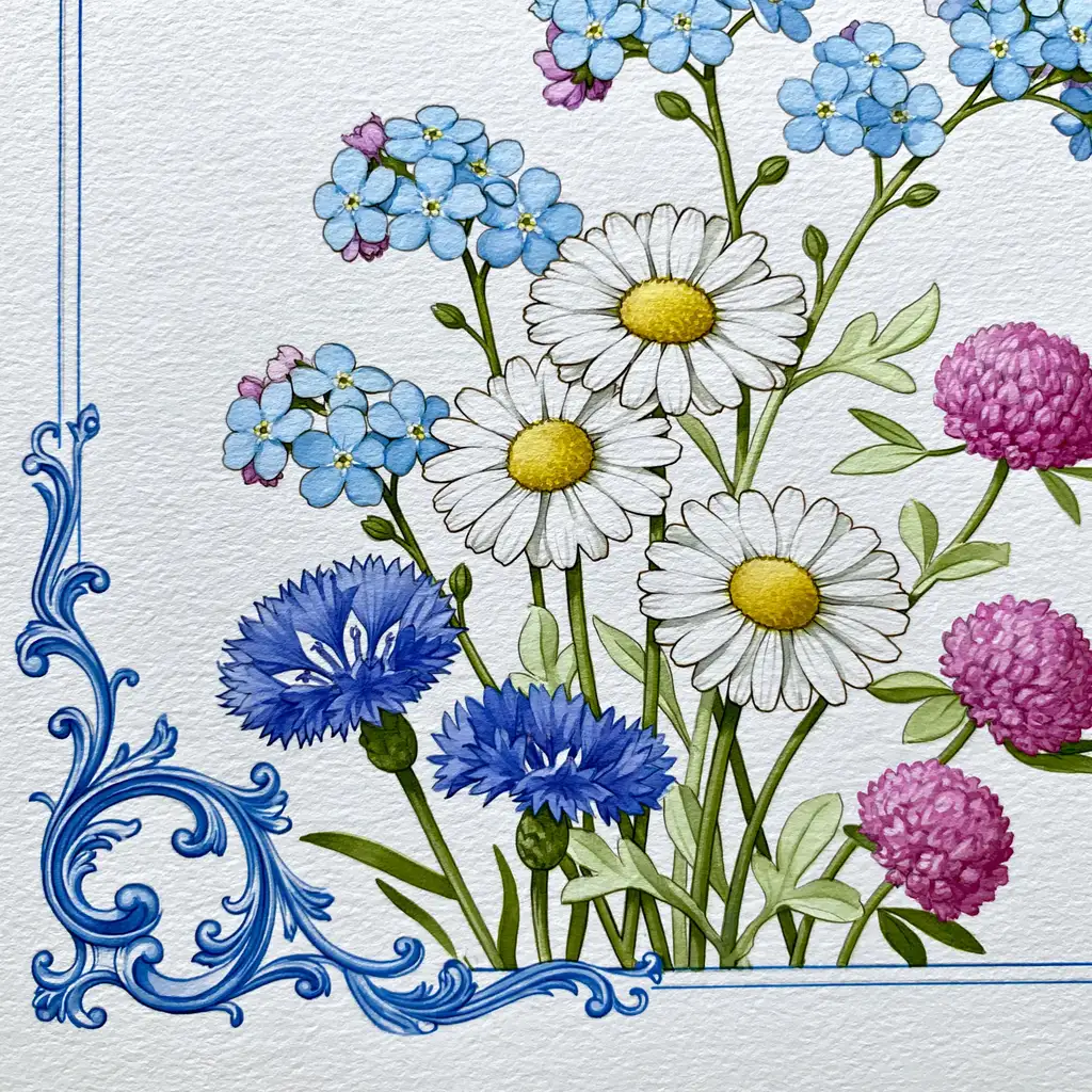 Watercolor illustration of wildflowers and ornate blue corner frame