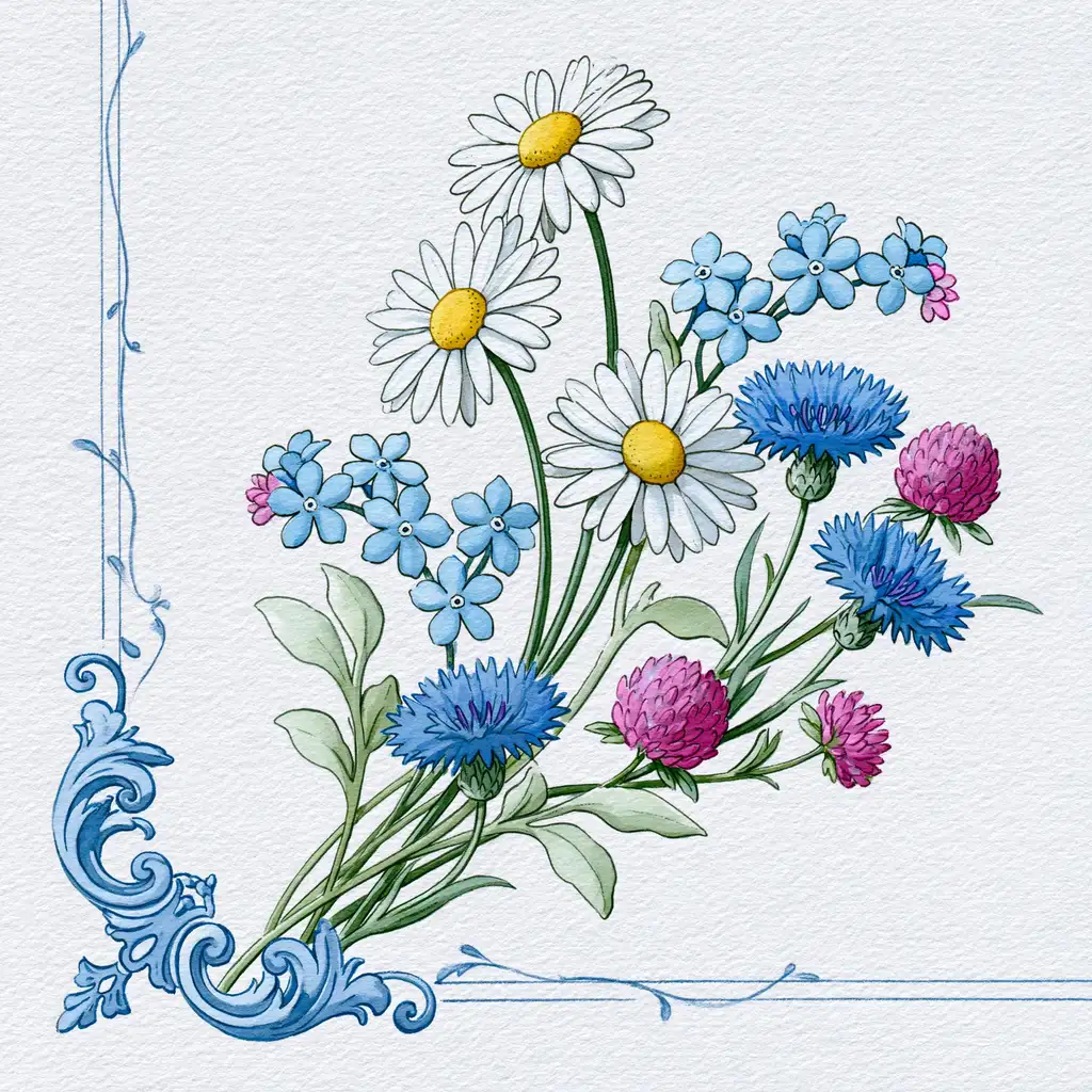 Watercolor illustration of wildflowers and ornate blue corner frame