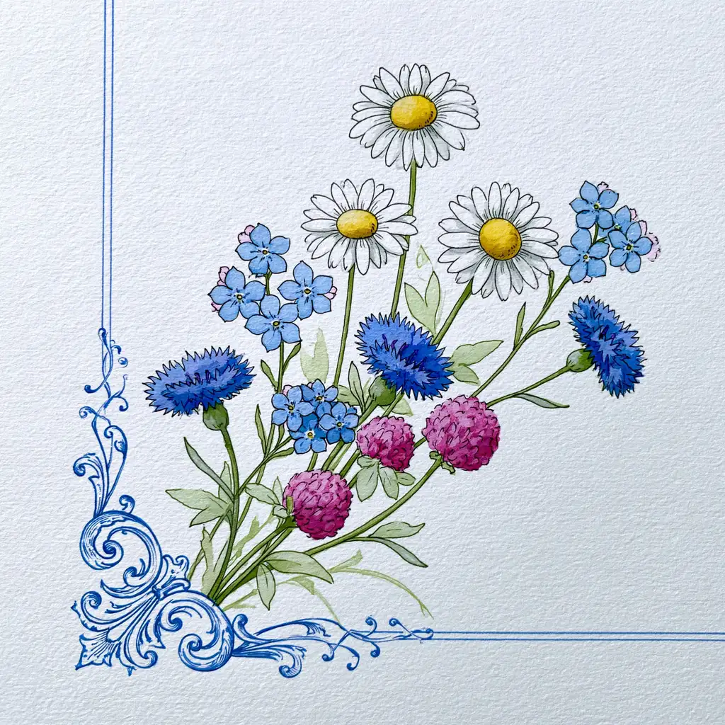Watercolor illustration of wildflowers and ornate blue corner frame