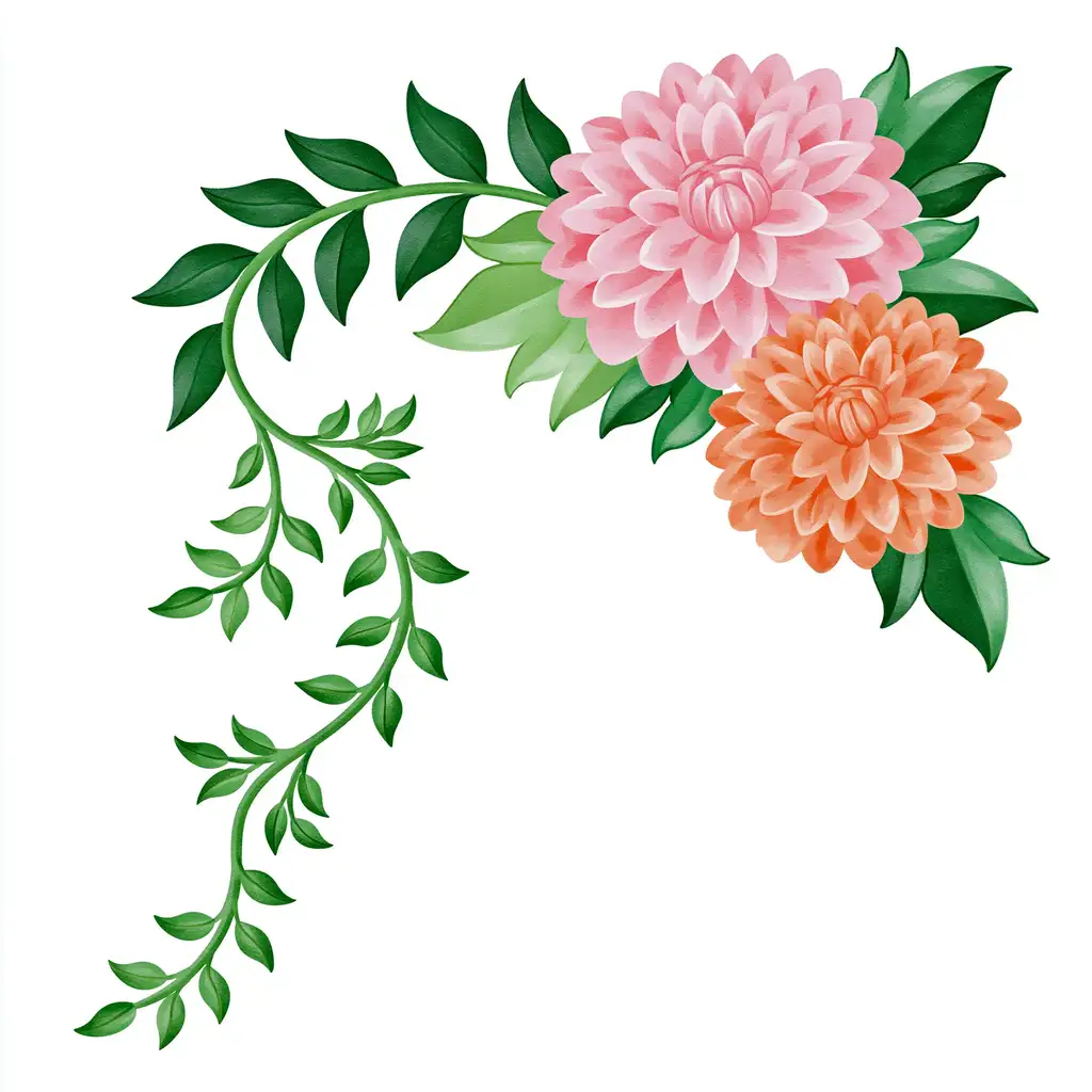 Watercolor floral corner arrangement with pink and orange flowers and green leaves