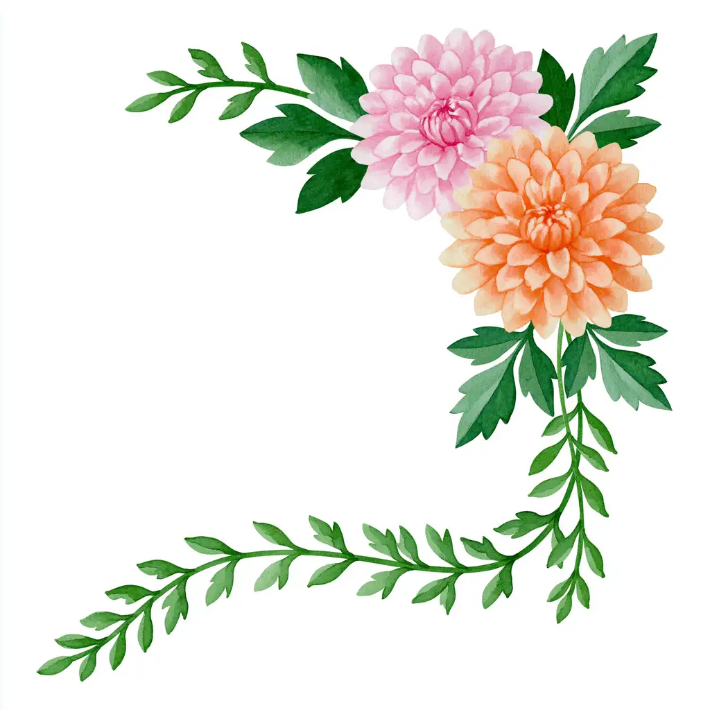 Watercolor floral corner arrangement with pink and orange flowers and green leaves