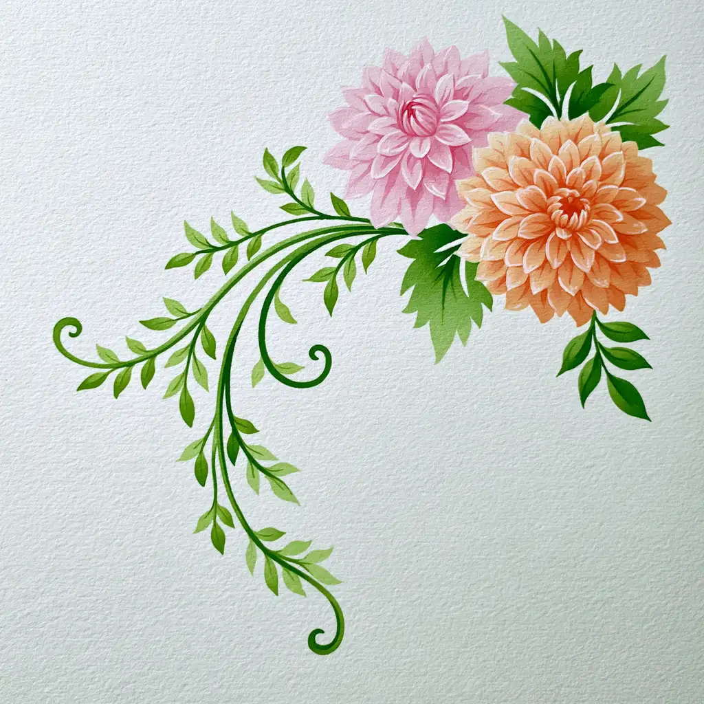 Watercolor floral corner arrangement with pink and orange flowers and green leaves