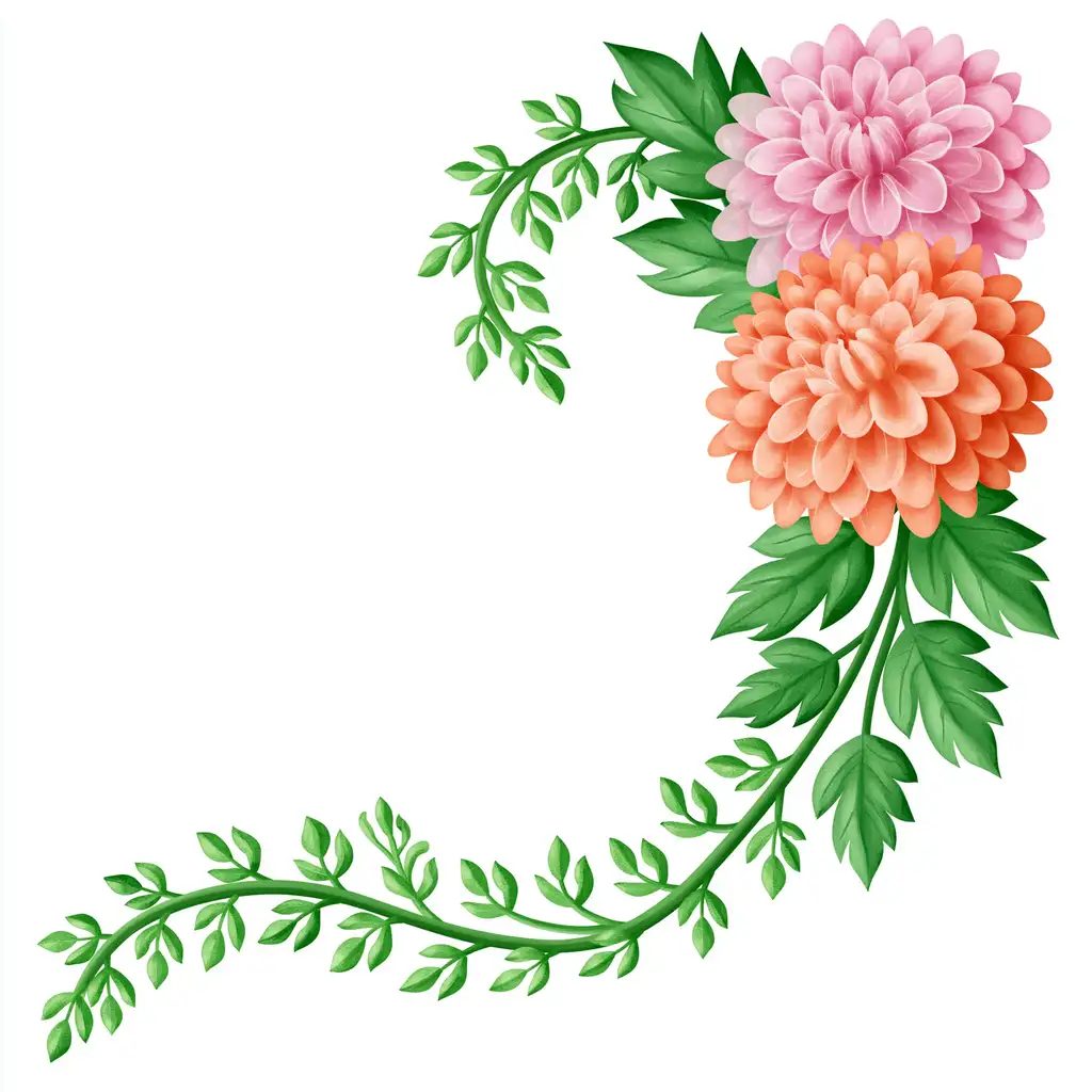 Watercolor floral corner arrangement with pink and orange flowers and green leaves