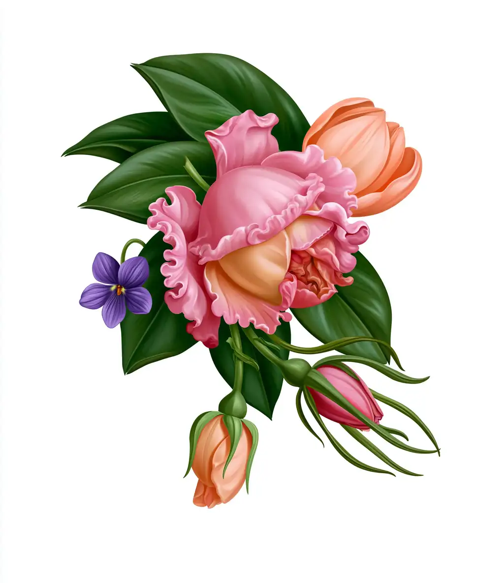 Floral Bouquet Illustration with Pink and Orange Flowers