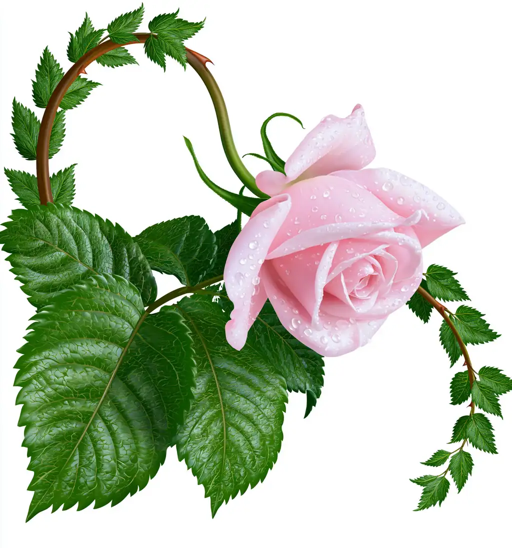 Pink rose with water drops on stem and leaves