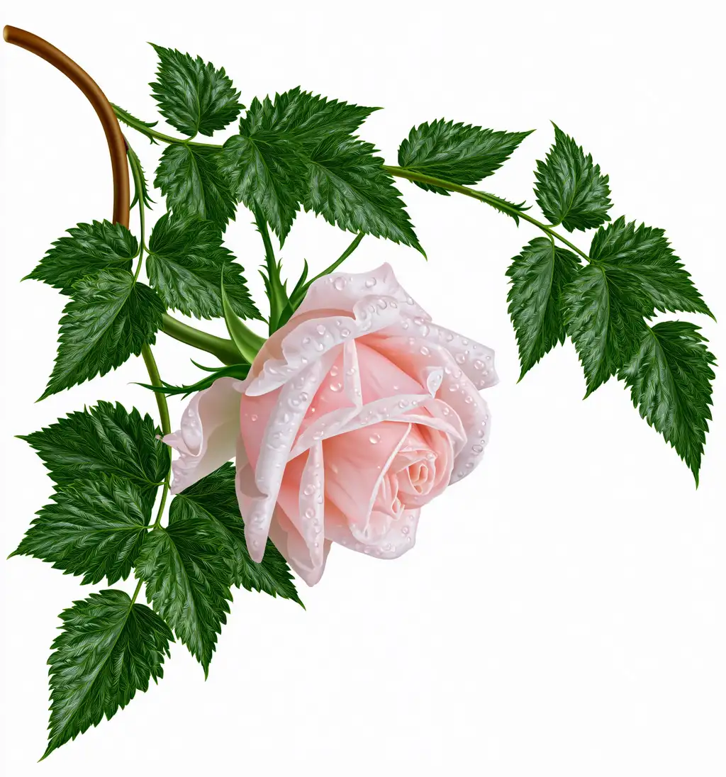 Pink rose with water drops on stem and leaves