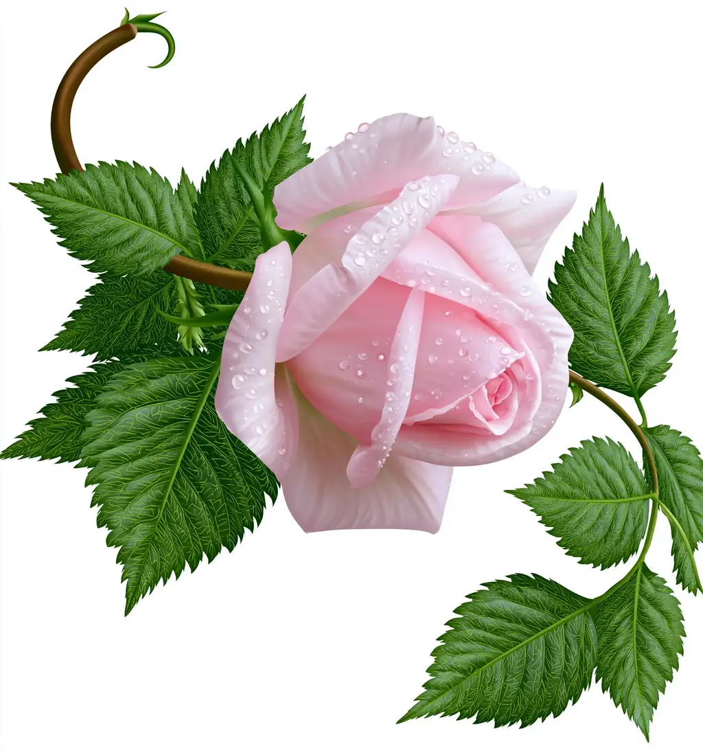 Pink rose with water drops on stem and leaves