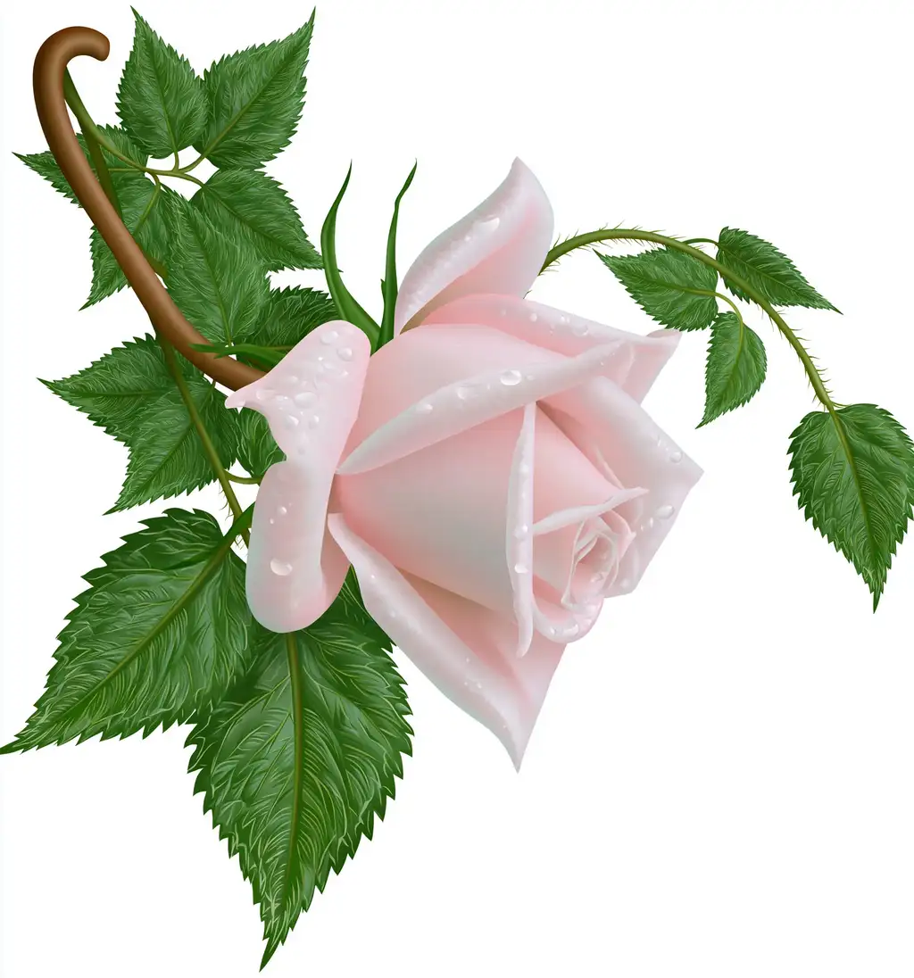 Pink rose with water drops on stem and leaves
