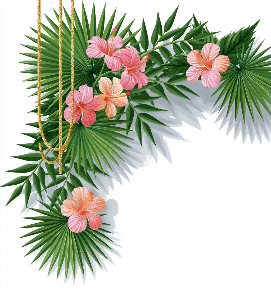 Tropical floral arrangement with hibiscus flowers and palm leaves