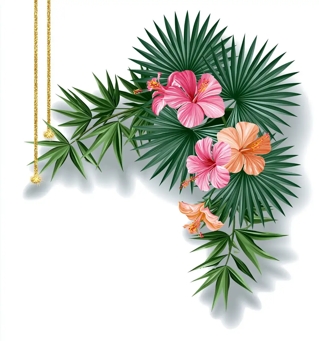 Tropical floral arrangement with hibiscus flowers and palm leaves