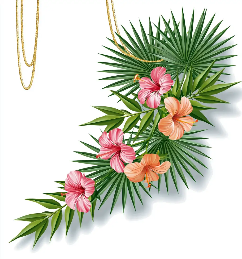 Tropical floral arrangement with hibiscus flowers and palm leaves