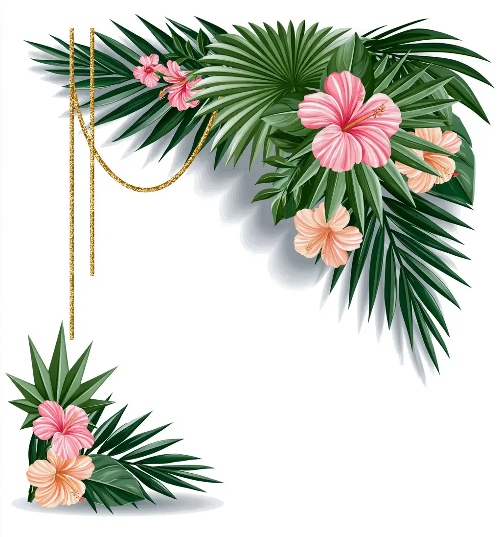 Tropical floral arrangement with hibiscus flowers and palm leaves