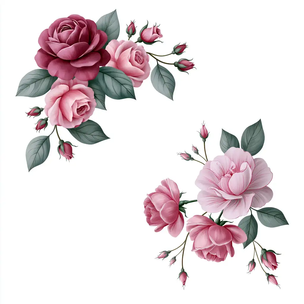 Pink and maroon rose floral arrangements isolated on white