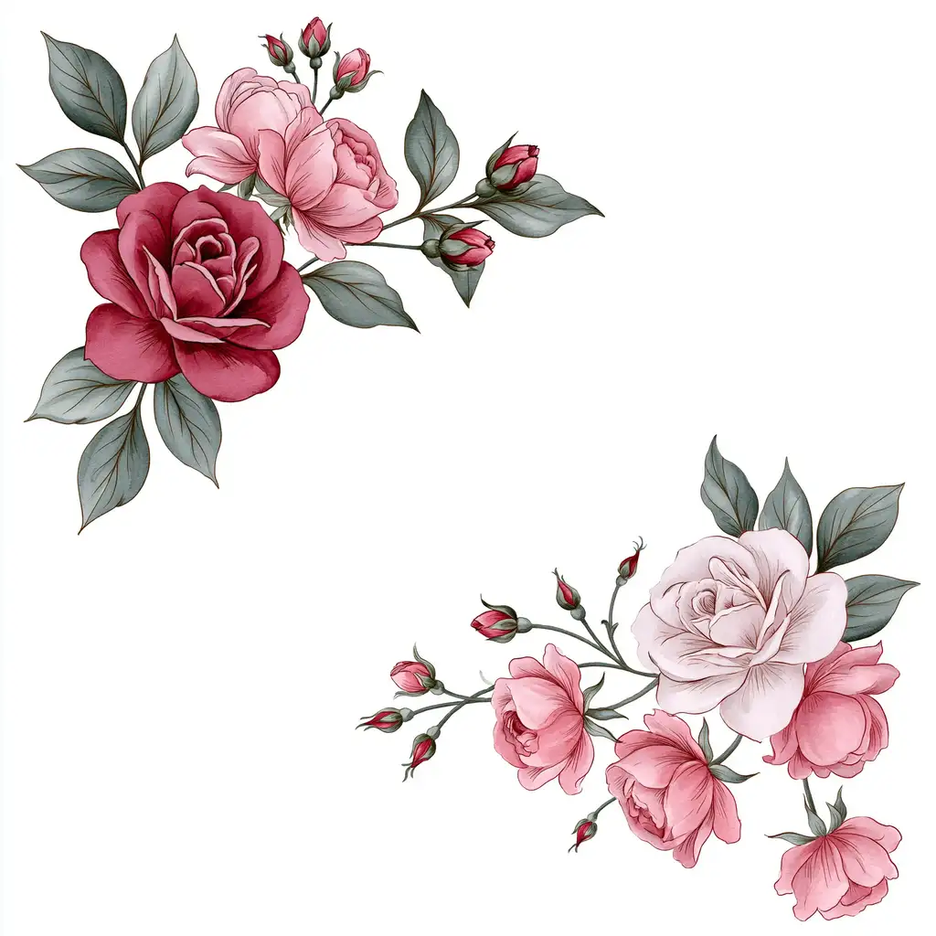 Pink and maroon rose floral arrangements isolated on white