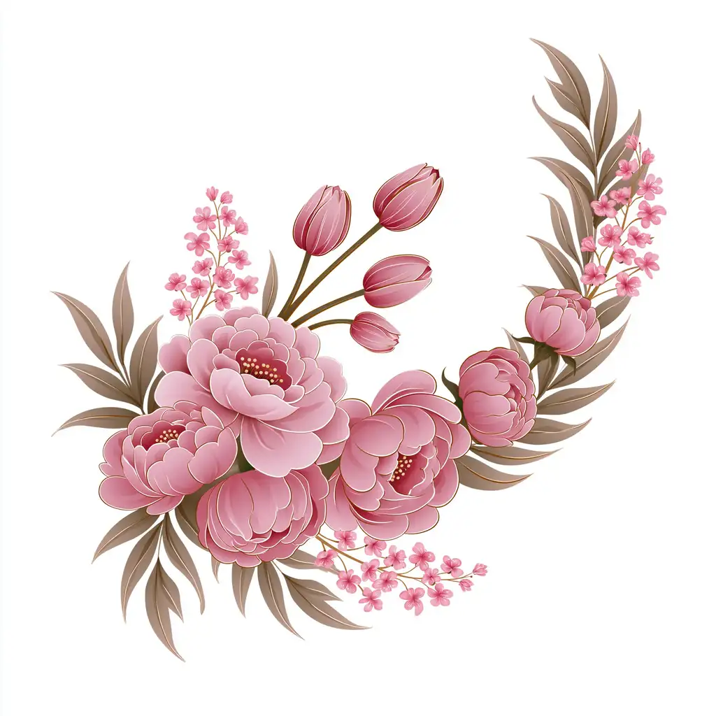 Pink floral arrangements with peonies and leaves